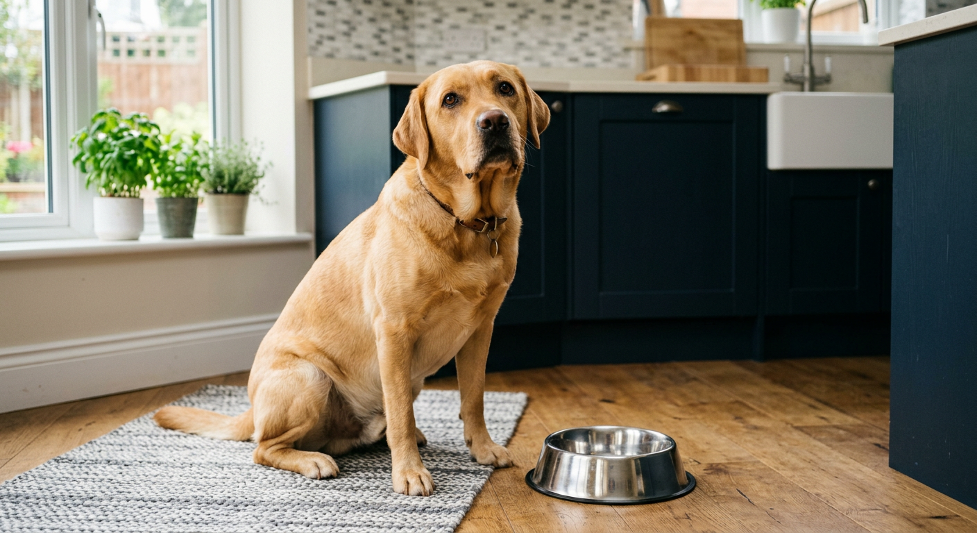 A yellow Labrador Retriever sitting by an empty food bowl looking up expectantly in a sunlit kitchen.