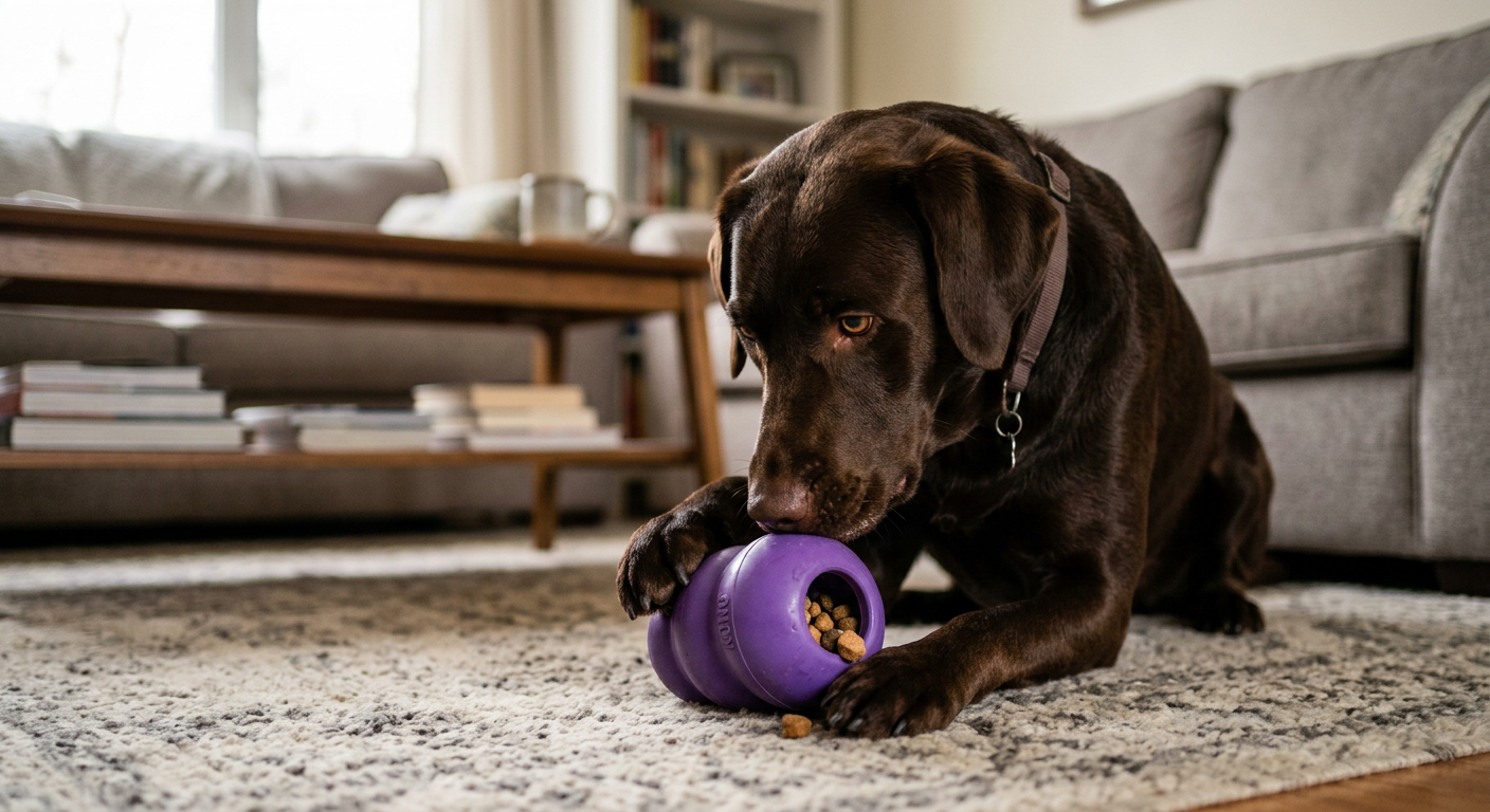 A chocolate Labrador Retriever playing with a purple treat-dispensing puzzle toy on a living room rug.