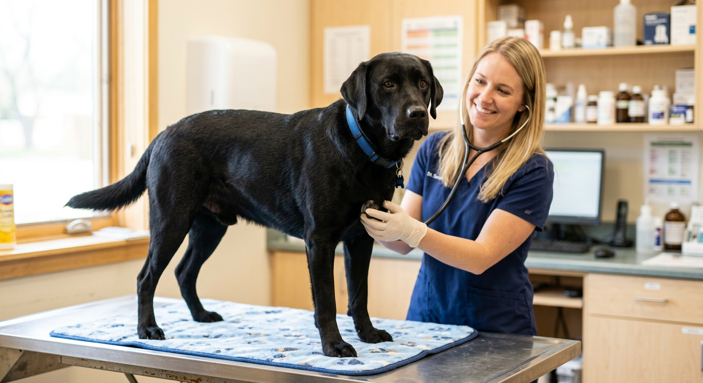 A black Labrador Retriever being examined by a friendly veterinarian in a bright clinic office.