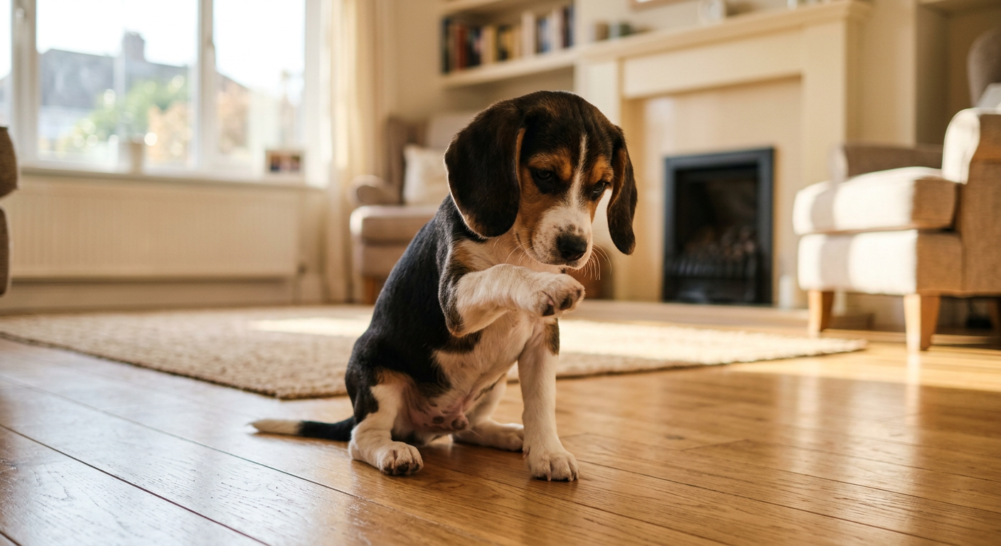 A young Beagle puppy sitting on a wooden floor looking curiously at its front paw.