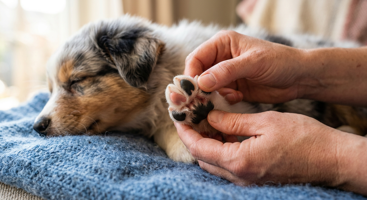 Close up of a person's hands gently checking a puppy's paw pad for thorns.