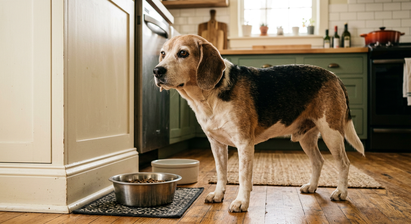 An elderly Beagle standing on a wooden floor looking thoughtfully toward its food bowl indoors.