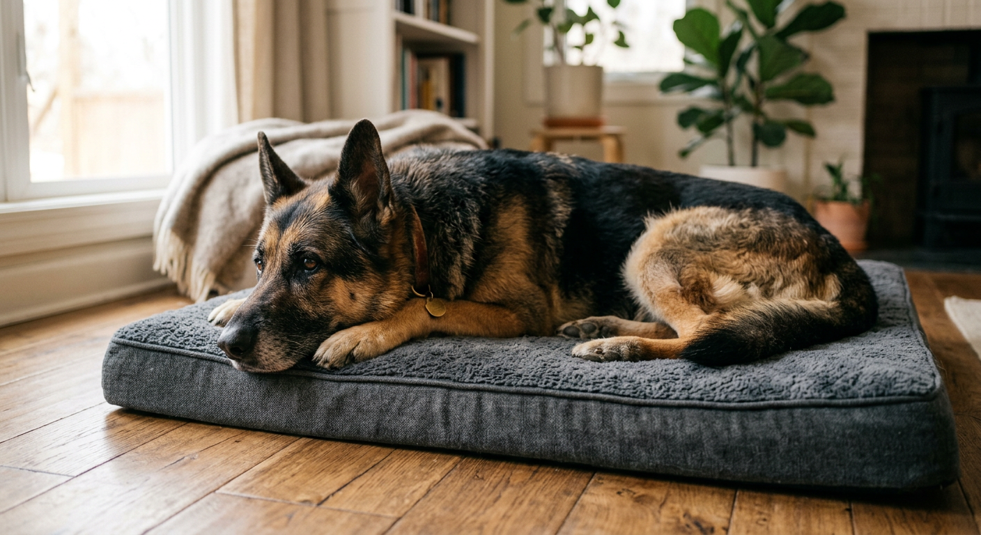 A senior German Shepherd resting comfortably on a soft orthopedic dog bed in a cozy living room.