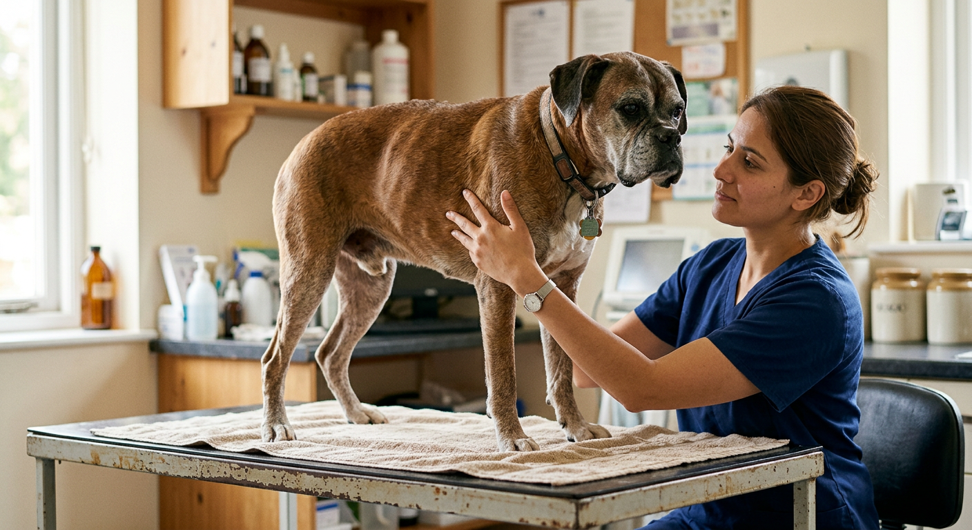 A veterinarian gently examining a senior Boxer dog during a wellness checkup in a bright clinic.