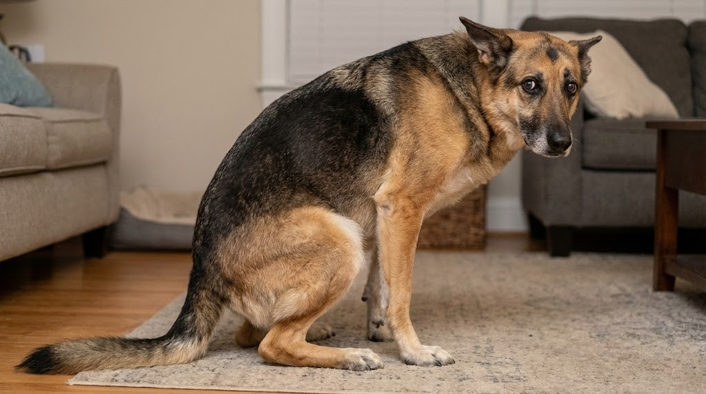 Dog showing signs of discomfort with tense body and pinned ears while lying down