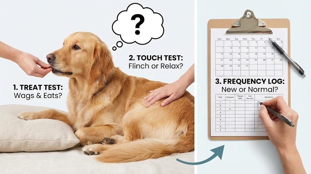 Owner performing the 3-step comfort check on their dog lying on the floor