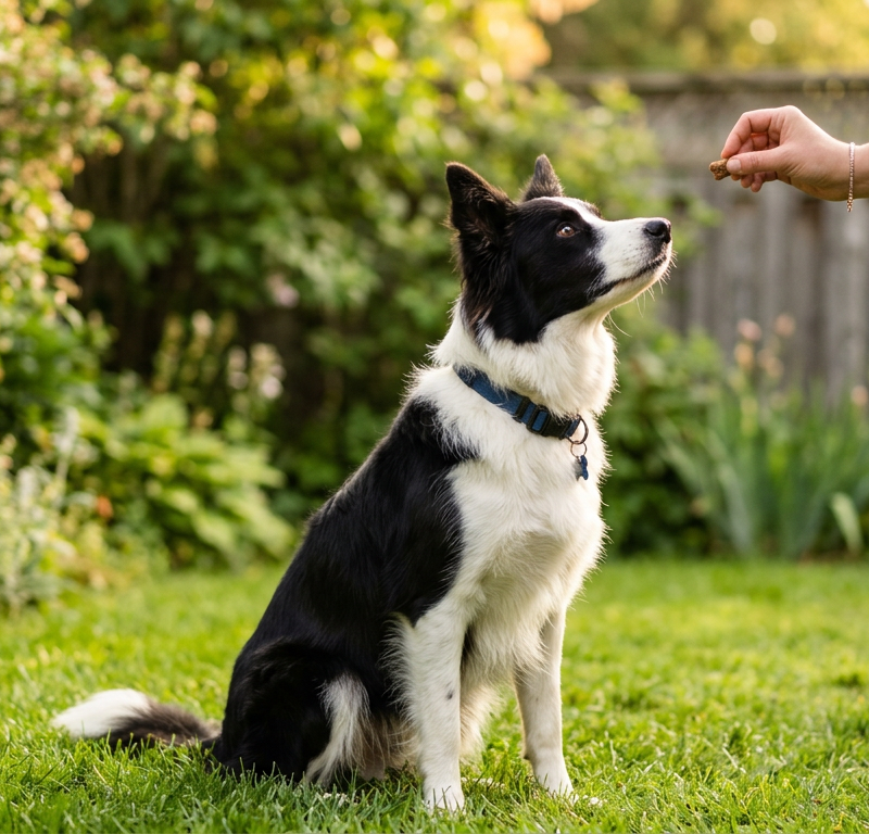 A focused Border Collie sitting calmly during a training session in a grassy backyard with a clicker.