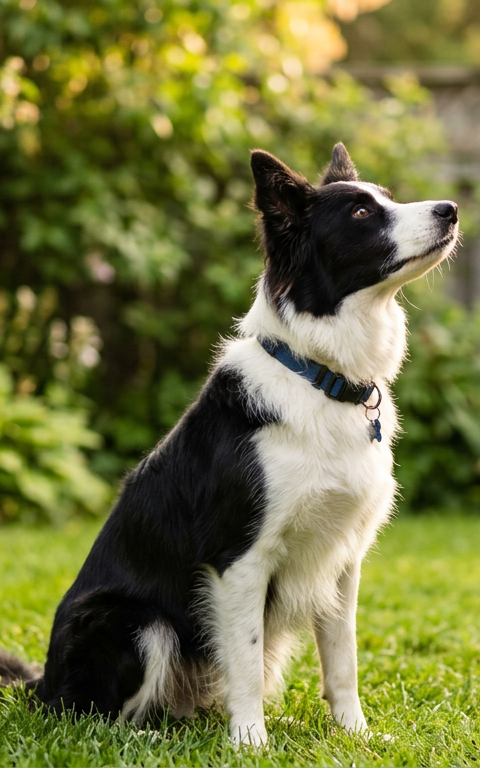 A focused Border Collie sitting calmly during a training session in a grassy backyard with a clicker.