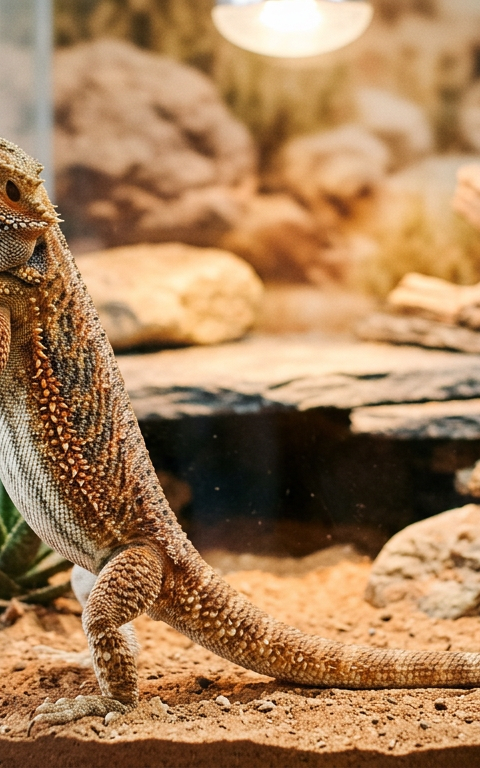 A bearded dragon standing on hind legs against the glass wall of a wooden enclosure.