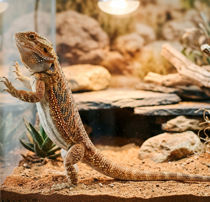 A bearded dragon standing on hind legs against the glass wall of a wooden enclosure.