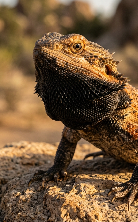 Close up of a bearded dragon with a dark black puffed out throat under a basking light.