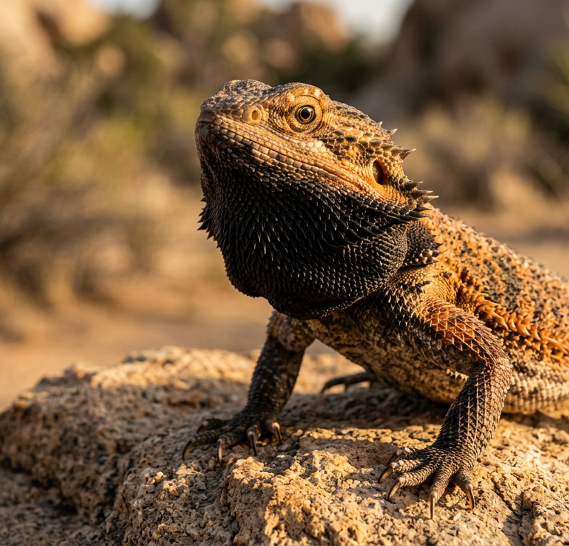 Close up of a bearded dragon with a dark black puffed out throat under a basking light.