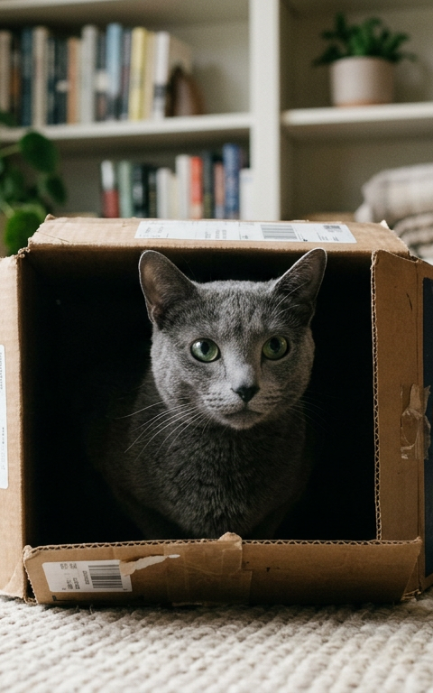A shy grey Russian Blue cat hiding inside a cozy cardboard box in a sunlit room.