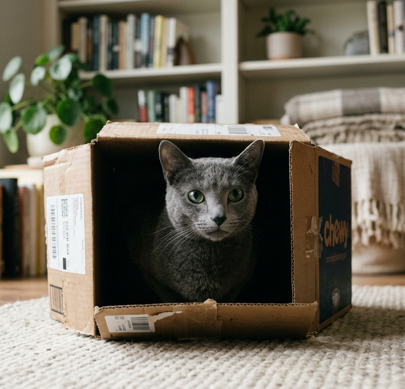 A shy grey Russian Blue cat hiding inside a cozy cardboard box in a sunlit room.