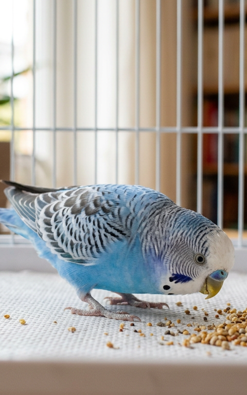 A vibrant green and yellow budgie exploring the bottom of a clean bird cage with curiosity.