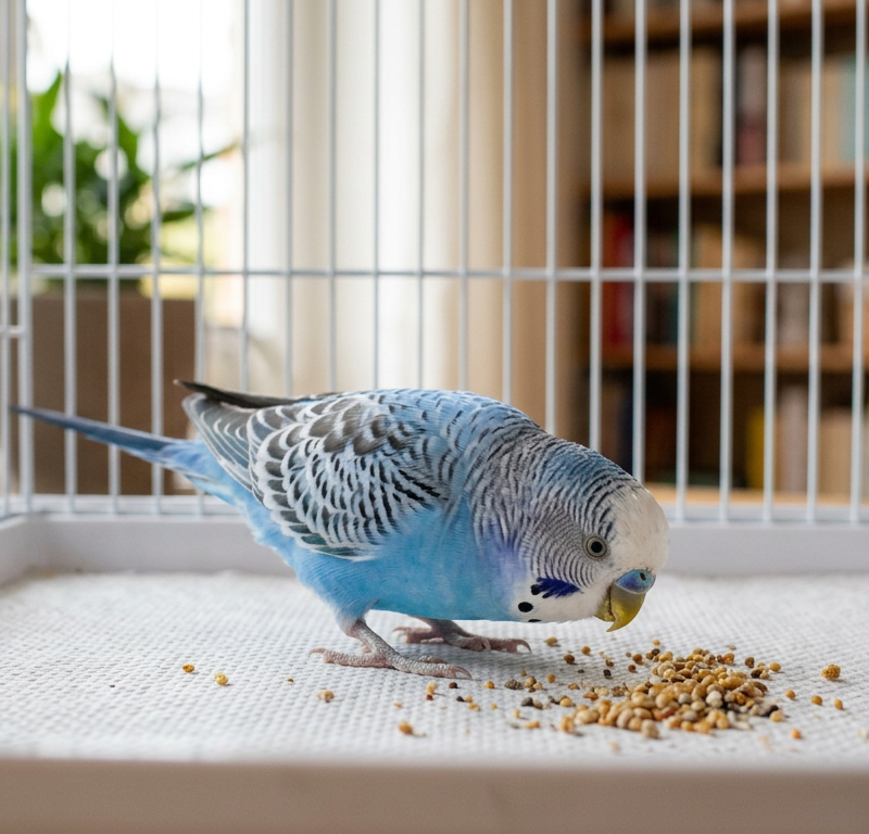 A vibrant green and yellow budgie exploring the bottom of a clean bird cage with curiosity.