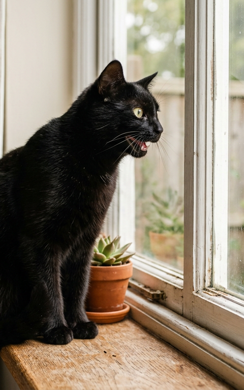 A domestic Siamese cat sitting on a wooden windowsill looking out at birds while chirping and chattering.