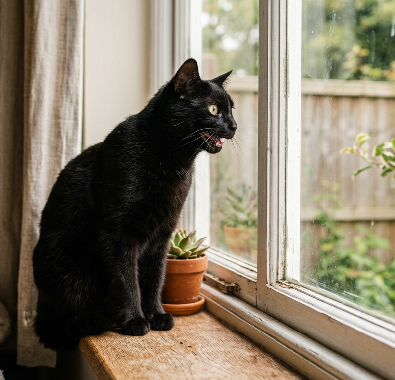 A domestic Siamese cat sitting on a wooden windowsill looking out at birds while chirping and chattering.