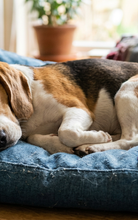 A Beagle sleeping soundly on a cozy dog bed while a smartphone nearby displays a sound wave graph.