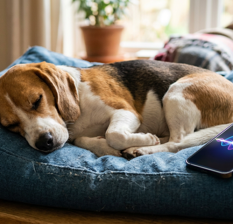 A Beagle sleeping soundly on a cozy dog bed while a smartphone nearby displays a sound wave graph.