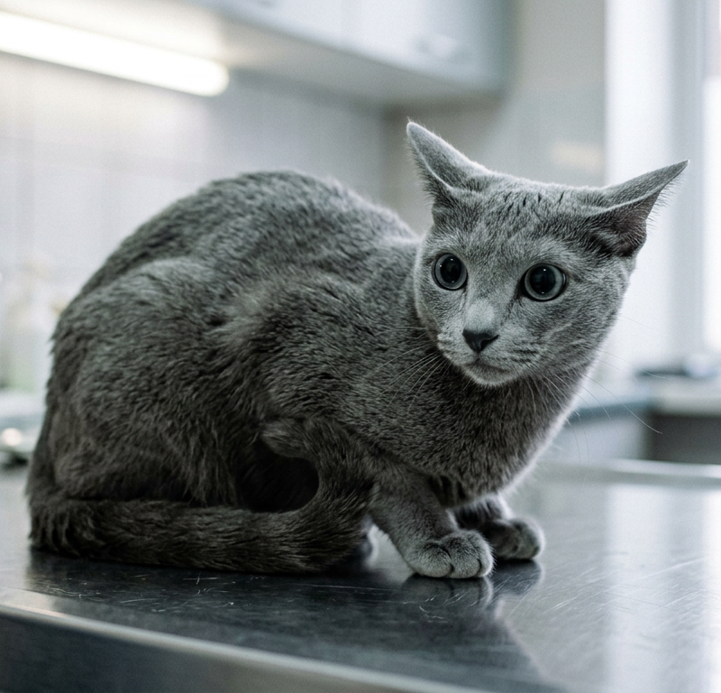A nervous Russian Blue cat sitting on a vet table, purring with dilated pupils and ears slightly tilted.