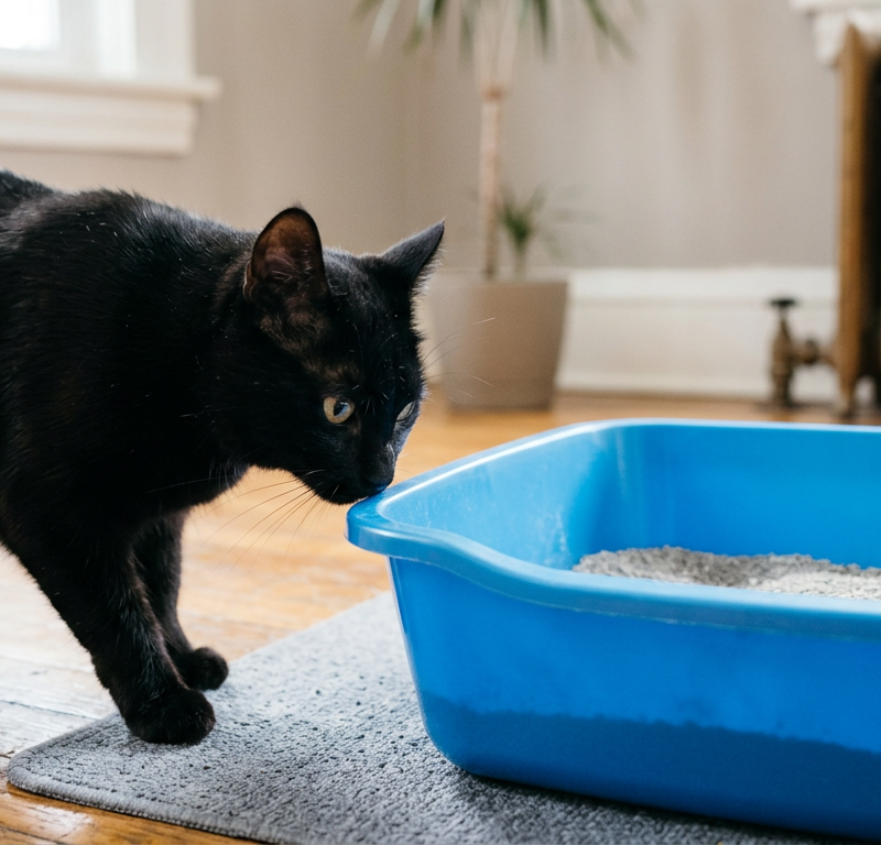A grey tabby cat sniffing a bright blue plastic litter box with a skeptical expression in a sunlit room.