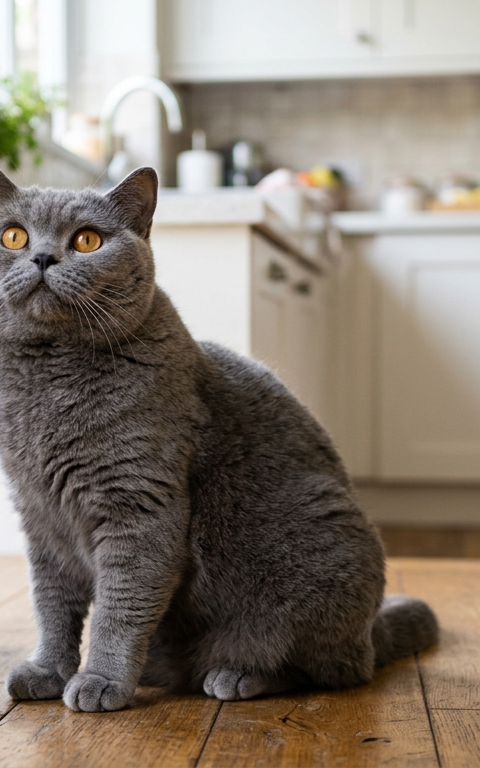 A fluffy Siamese cat sitting by an empty silver bowl looking up expectantly at the camera in a sunlit kitchen.