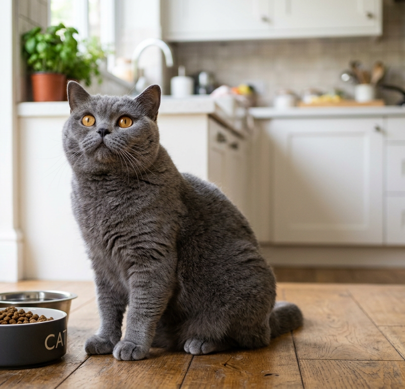 A fluffy Siamese cat sitting by an empty silver bowl looking up expectantly at the camera in a sunlit kitchen.