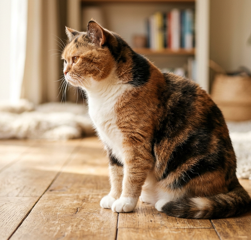 A calico cat sitting on a wooden floor looking at her slightly distended belly with curiosity.