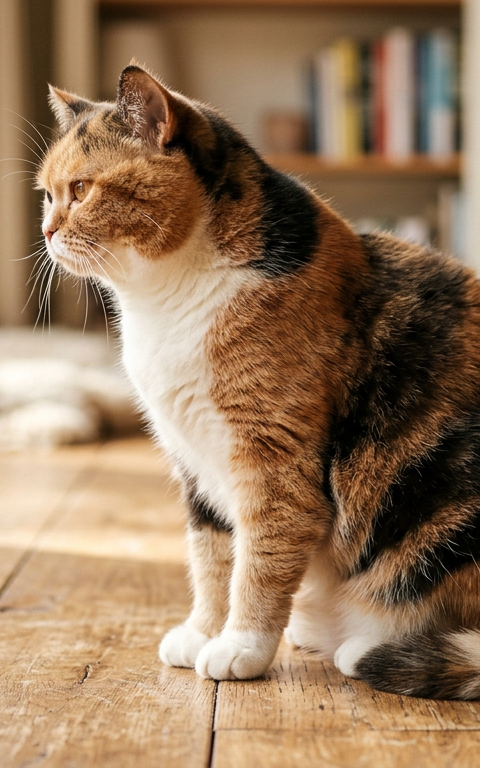 A calico cat sitting on a wooden floor looking at her slightly distended belly with curiosity.