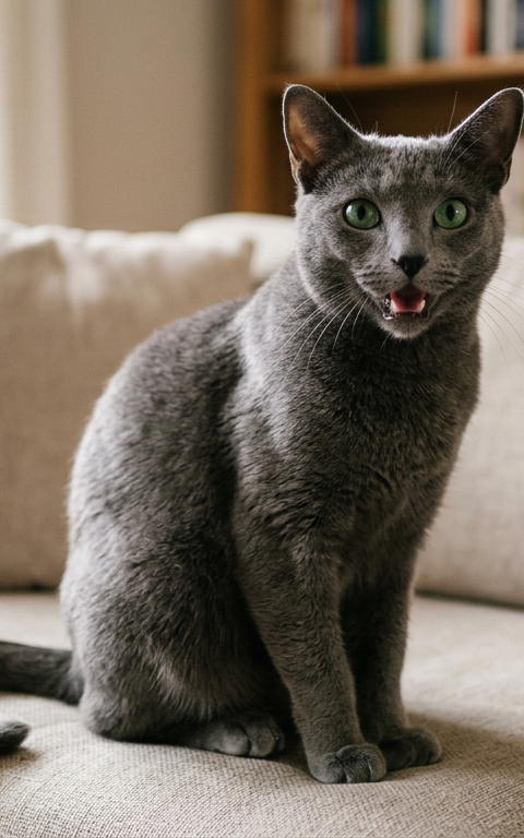 A grey Russian Blue cat sitting on a sofa looking slightly distressed with its mouth slightly open.