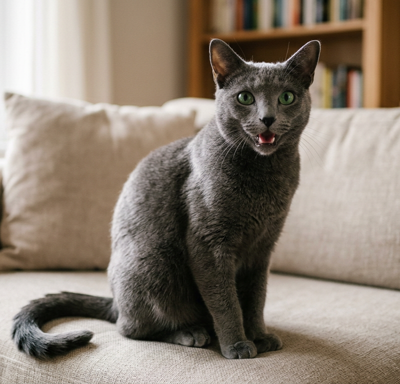 A grey Russian Blue cat sitting on a sofa looking slightly distressed with its mouth slightly open.