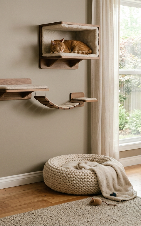 A well-organized indoor cat environment featuring a tall cat tree near a sunlit window.