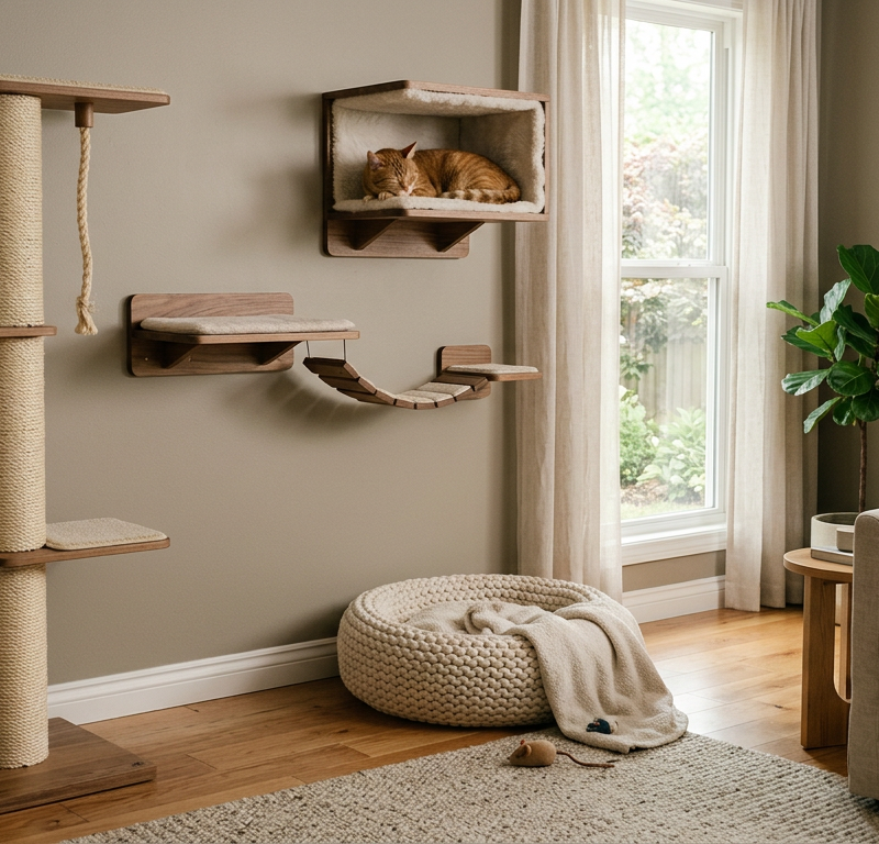A well-organized indoor cat environment featuring a tall cat tree near a sunlit window.