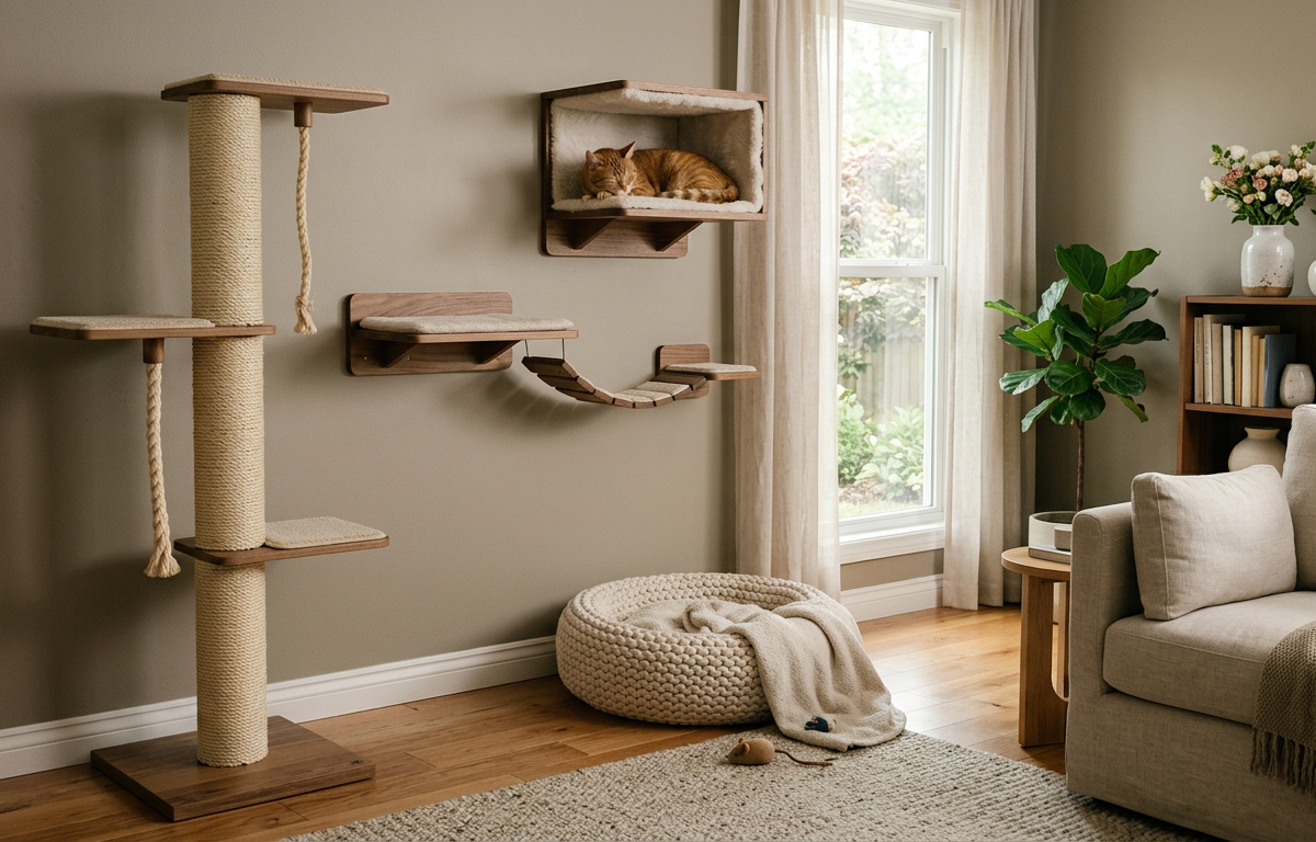 A well-organized indoor cat environment featuring a tall cat tree near a sunlit window.