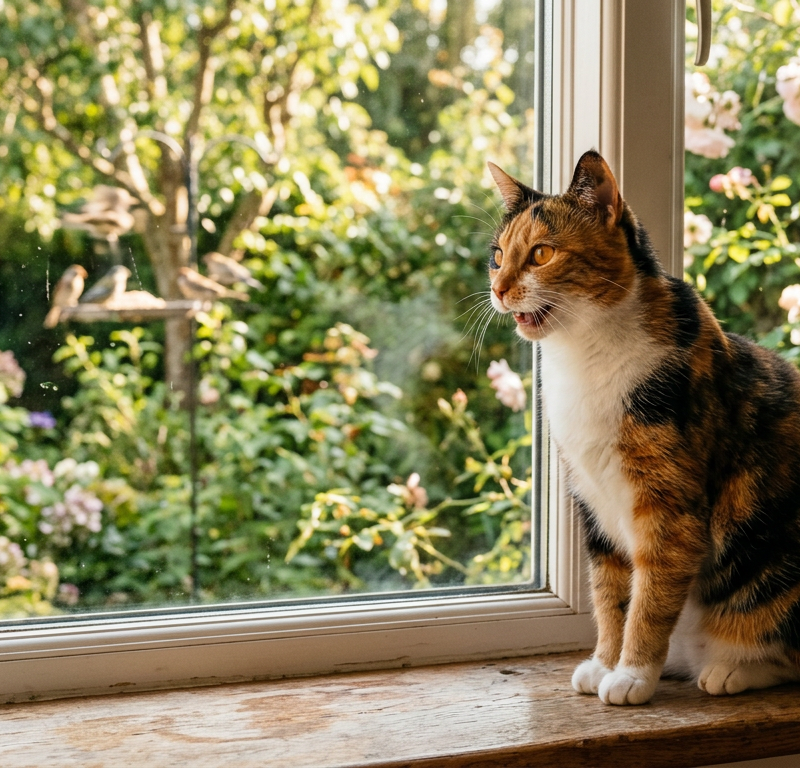 A multi-colored calico cat sitting on a windowsill chirping intensely at birds outside a clear glass pane.