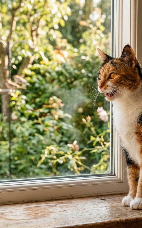 A multi-colored calico cat sitting on a windowsill chirping intensely at birds outside a clear glass pane.