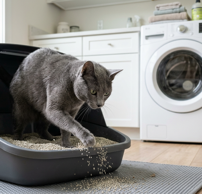 A focused Russian Blue cat diligently digging in a clean litter box with high sides in a sunny room.