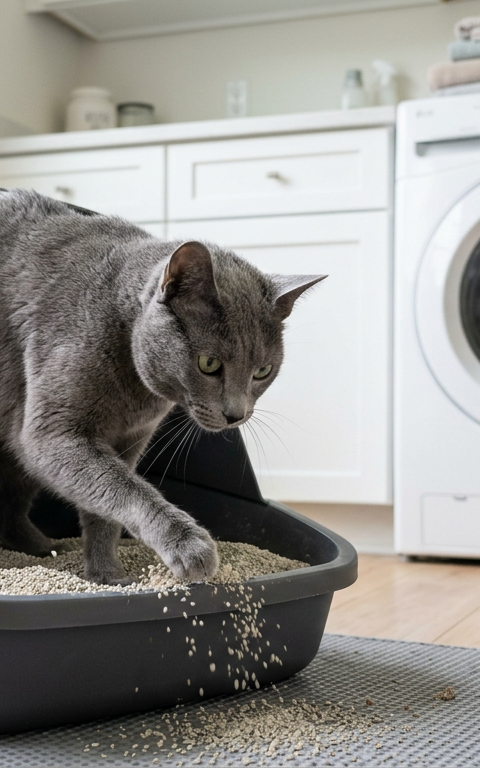 A focused Russian Blue cat diligently digging in a clean litter box with high sides in a sunny room.