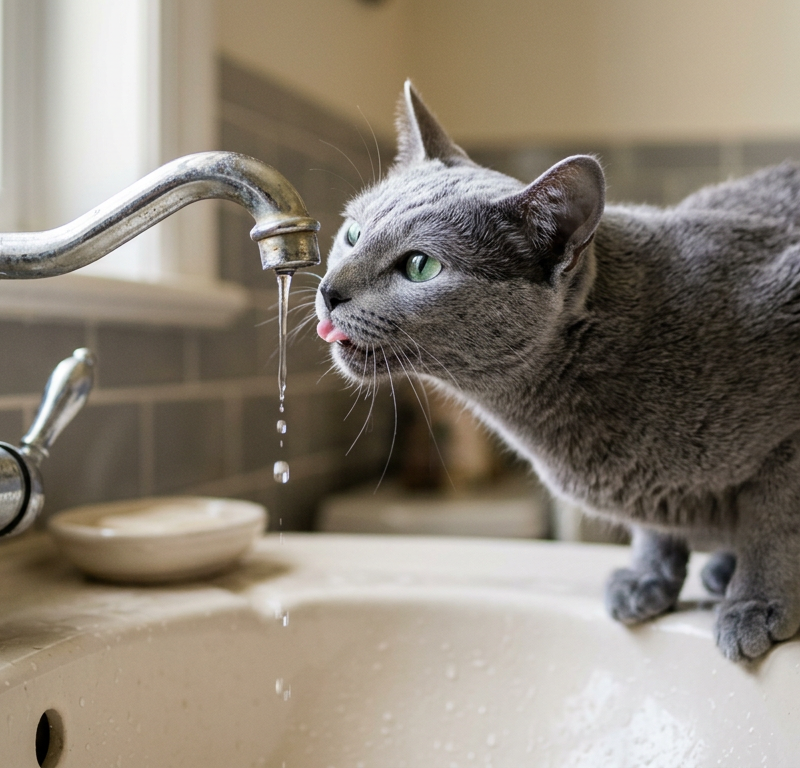 A sleek Siamese cat balancing on the edge of a porcelain bathroom sink drinking from a dripping chrome faucet.