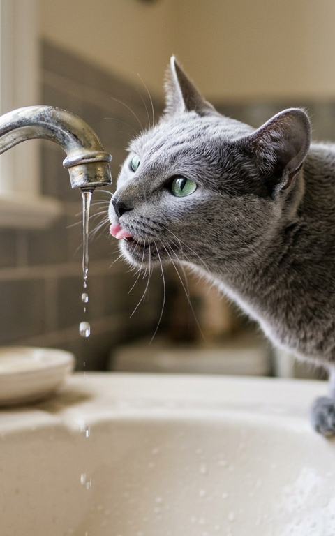 A sleek Siamese cat balancing on the edge of a porcelain bathroom sink drinking from a dripping chrome faucet.