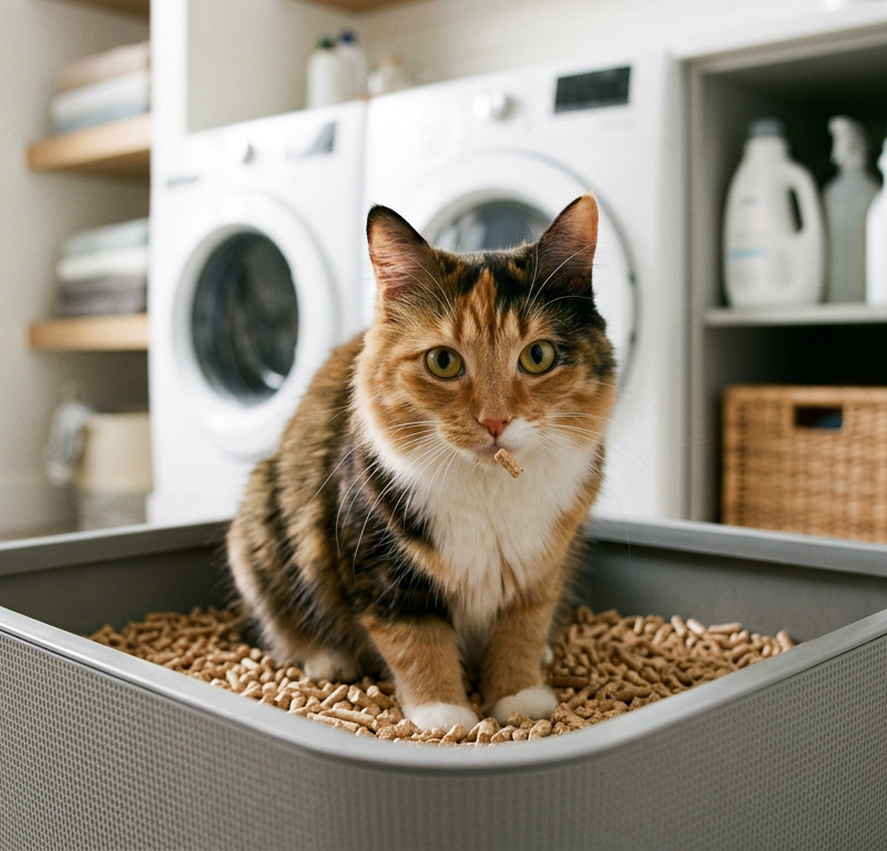 A Siamese cat sitting in a litter box looking confused with a piece of natural litter in its mouth.