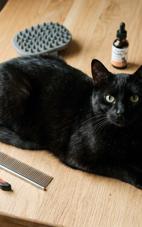 A selection of cat grooming tools including a slicker brush, metal comb, and nail clippers on a wooden table.