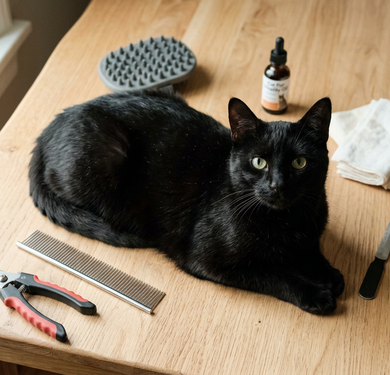 A selection of cat grooming tools including a slicker brush, metal comb, and nail clippers on a wooden table.