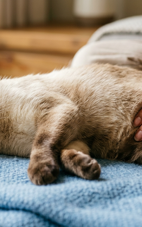 A person gently placing their hand on the chest of a calm Siamese cat to check its pulse.