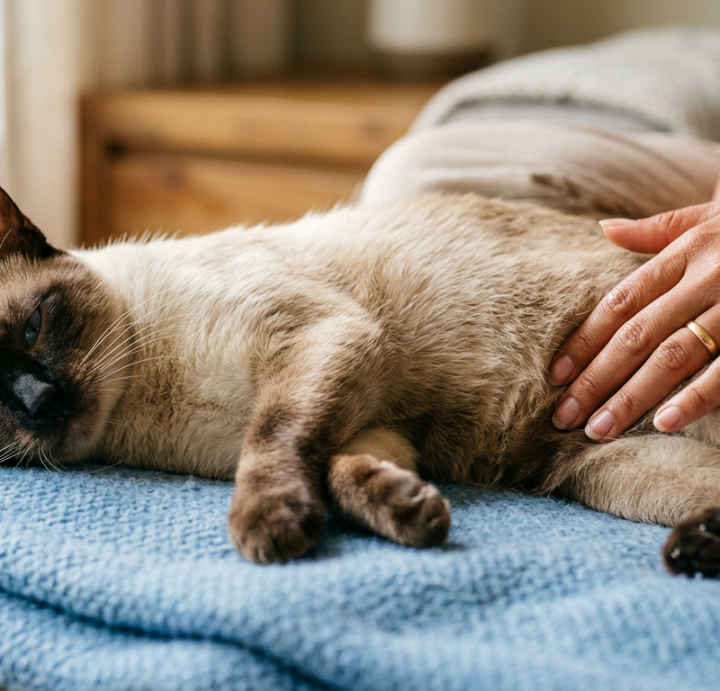 A person gently placing their hand on the chest of a calm Siamese cat to check its pulse.