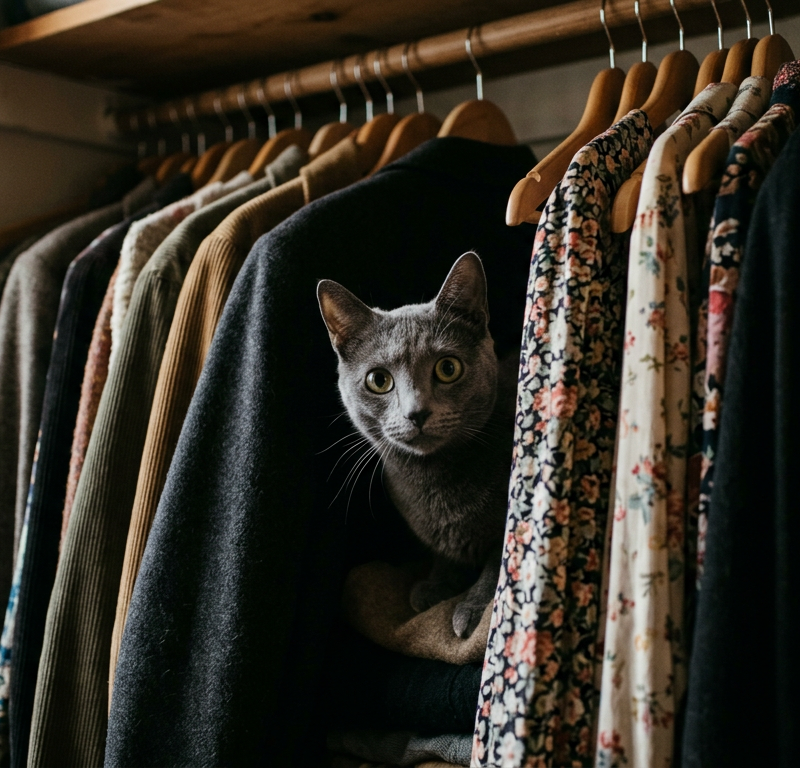 A fluffy tortoiseshell cat peeking out from behind hanging clothes in a dark closet.