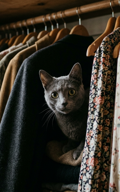 A fluffy tortoiseshell cat peeking out from behind hanging clothes in a dark closet.
