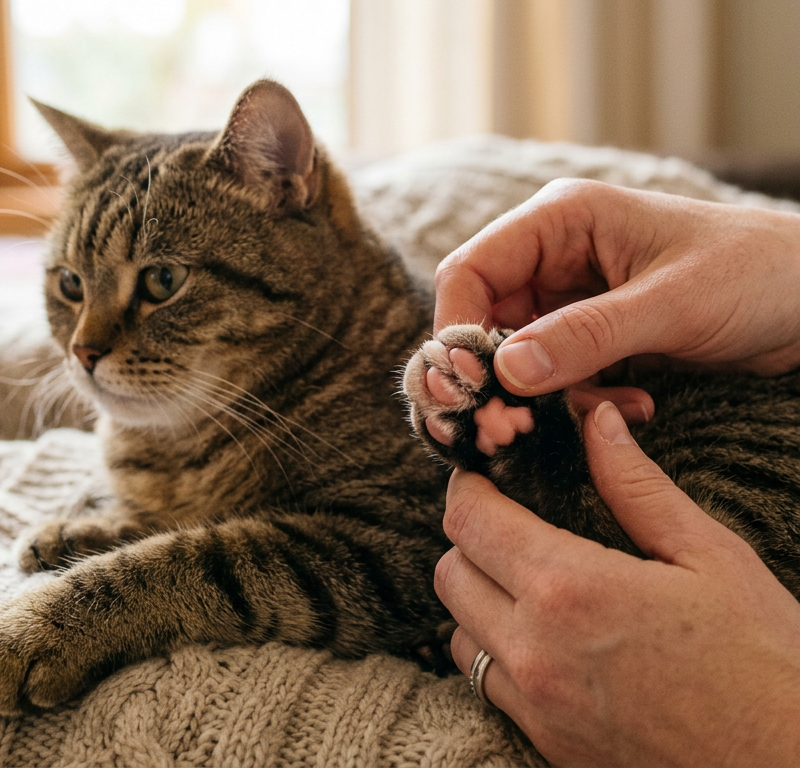 A person gently examining the front paw of a domestic shorthair cat sitting on a wooden floor.
