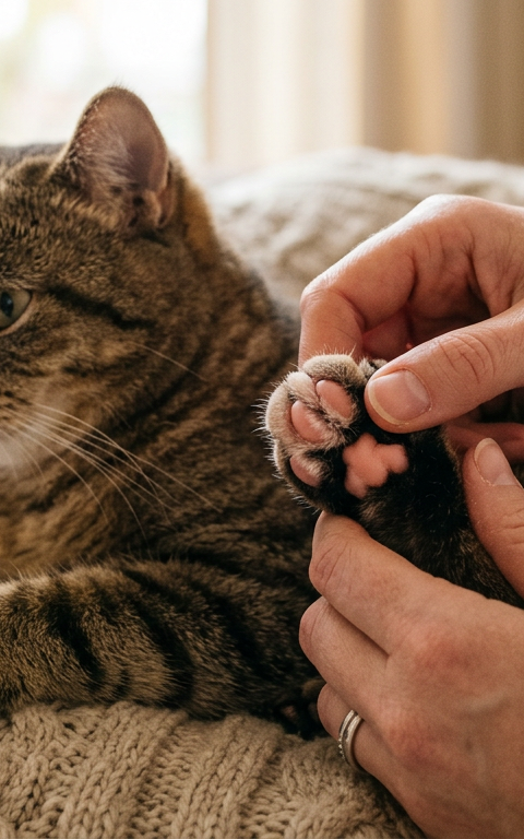 A person gently examining the front paw of a domestic shorthair cat sitting on a wooden floor.